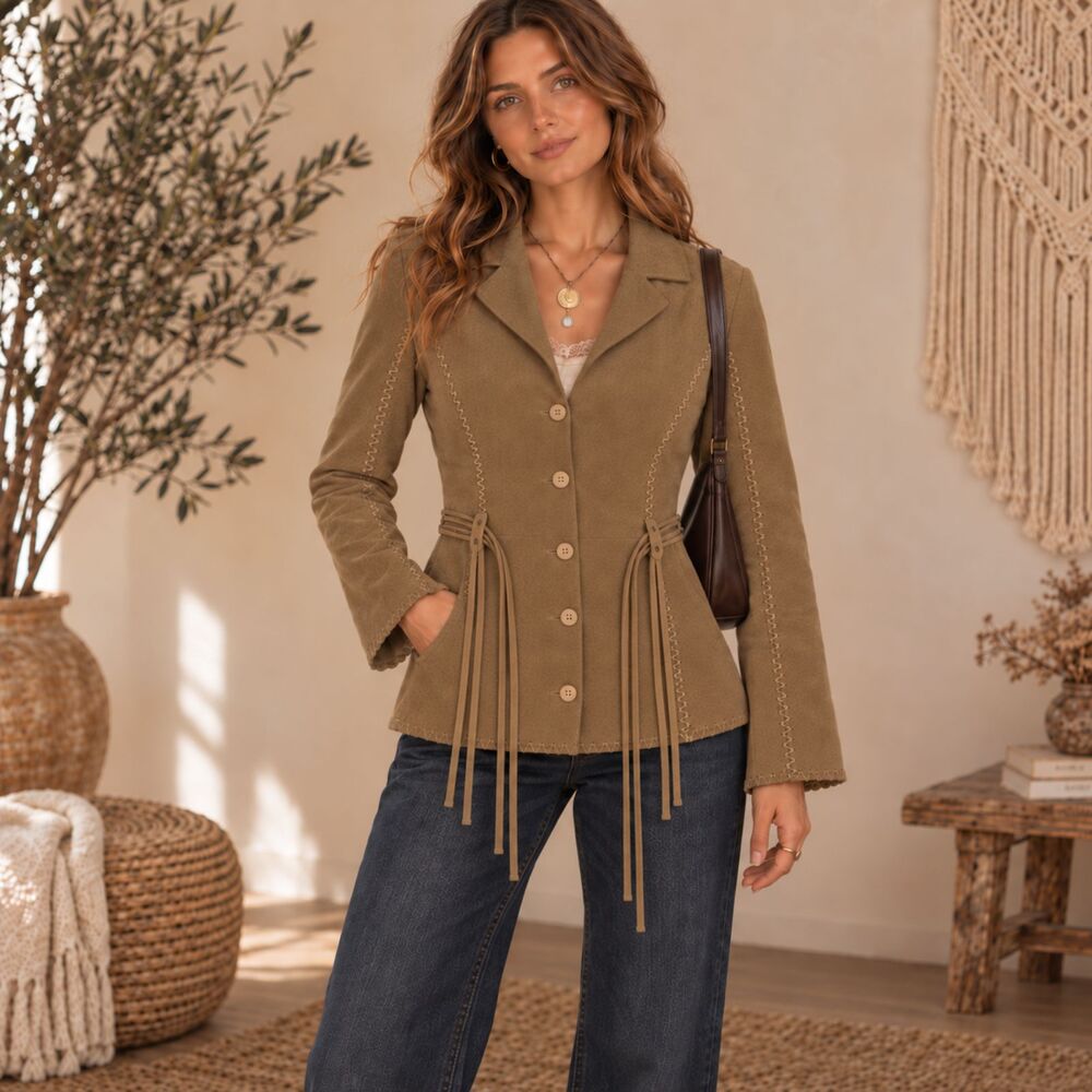 Wet Seal Jacket Juniors Medium Beige Leather Belted Tassel Western Boho Vintage